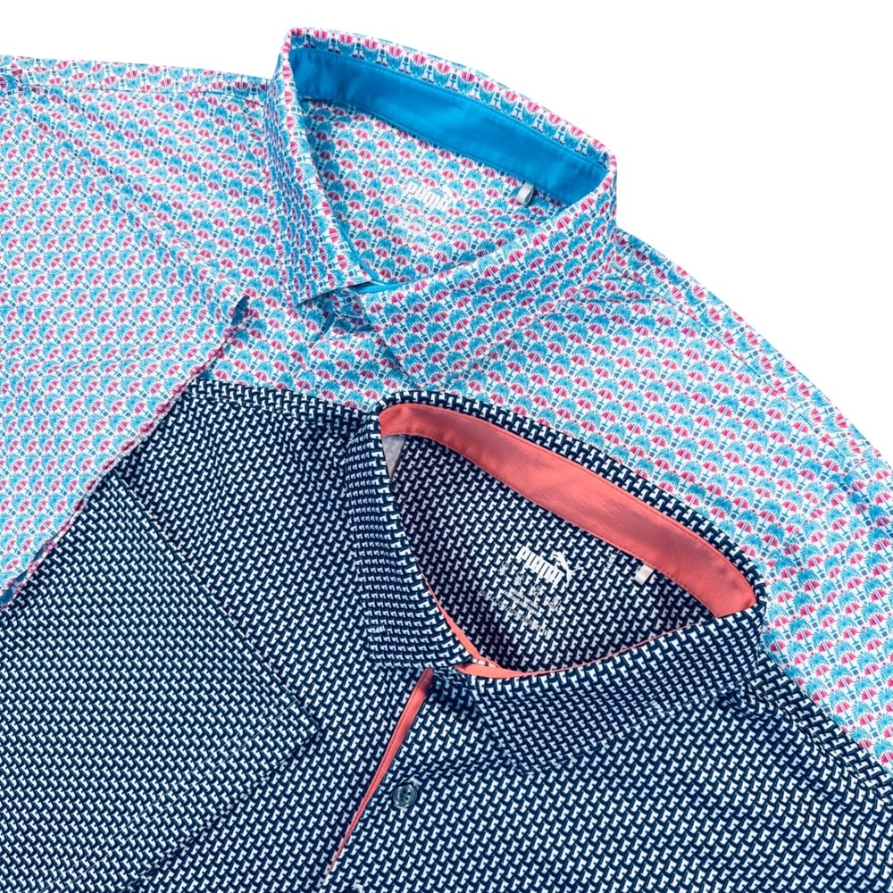 [Lot of 2]Puma Mens XL Performance Golf Polo Shirt Geometric Blue Cups Palm Deck